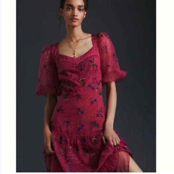 New Anthropologie Let Me Be Embroidered Maxi Dress Red Size Small - Picture 3 of 7